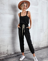 Solid Frilled Strap Drawstring Cinched Waist Jumpsuit - Shah S. Sahota